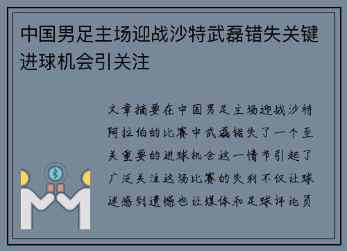 中国男足主场迎战沙特武磊错失关键进球机会引关注