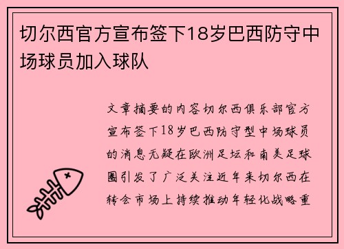 切尔西官方宣布签下18岁巴西防守中场球员加入球队