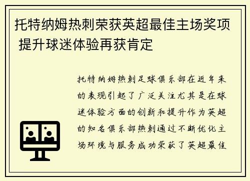 托特纳姆热刺荣获英超最佳主场奖项 提升球迷体验再获肯定