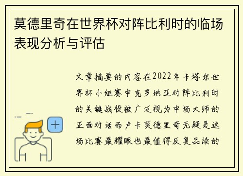 莫德里奇在世界杯对阵比利时的临场表现分析与评估